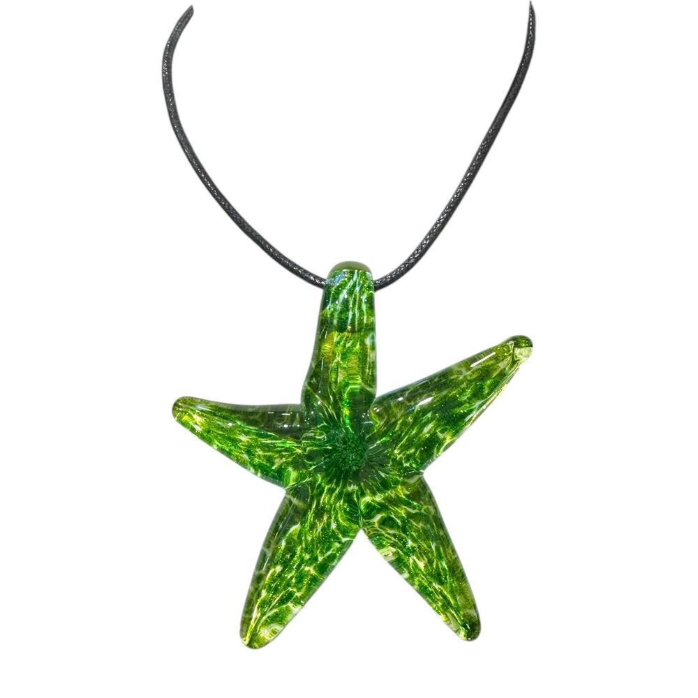 New John Gibbons Studio Art Glass Green Starfish Pendant Leather Cord Necklace
